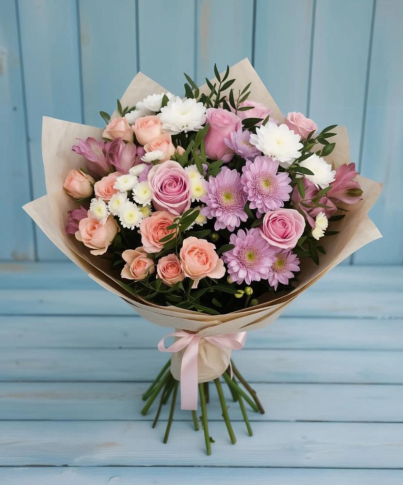 Букет цветов из: Хризантемы, Розы и Альстромерии в Балтийске