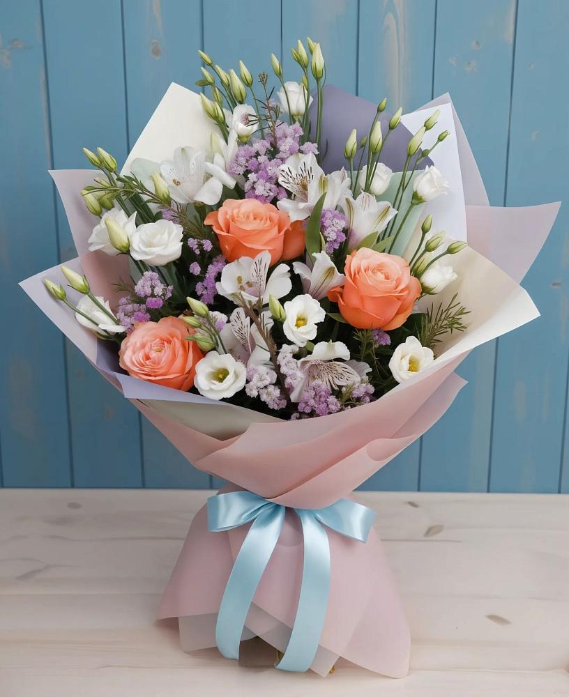 Букет цветов из: Лизиантусы, Розы, Альстромерии и Гипсофила в Балтийске